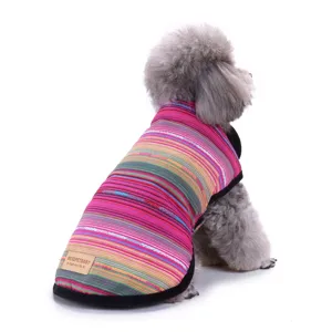 Vista posteriore di scialle invernale per cani a righe colorate con patch in pelle