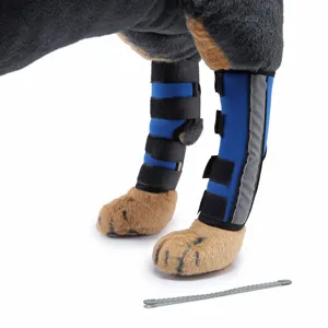 Vista dettagliata di tutori blu per zampe di cane con cinturini e striscia riflettente