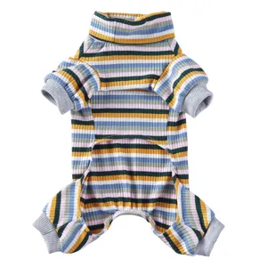 Detailed view of the striped turtleneck pet pajamas, featuring soft knitted four-leg fabric.