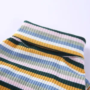 Close-up detail of colorful striped pet turtleneck sweater, soft knitted fabric texture.