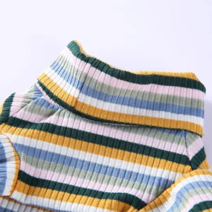 Detail view of colorful striped pet turtleneck pajamas, soft knit fabric for cozy daily wear.