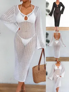Women Sexy Deep V-Neck Hollow Out Crochet Mesh Beach Maxi Dress Flare Sleeve Backless Swimsuit Cover Up Resort Wear
