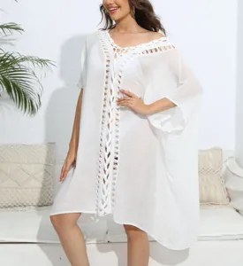 Women's white crochet spliced loose beach cover-up bikini dress for summer vacation wear