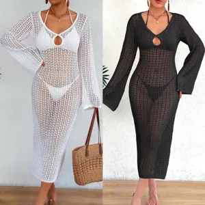 Sexy hollow-out mesh crochet beach cover-up long sleeve maxi dress in white and black