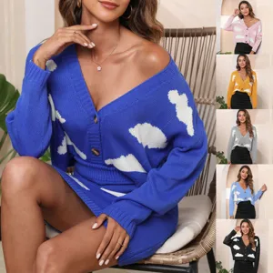 Mujer Cuello V Jacquard Nube Botones Corto Cárdigan Suéter Tejido Ropa Casual