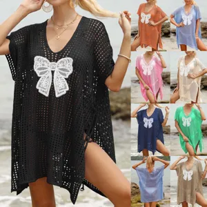 Γυναικείο Δαντέλα Φιόγκος Κενό Παραλία Cover-Up V-Neck Πλεκτό Μπικίνι Φόρεμα