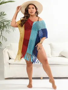 Dames Grote Maat Kleurblok Gebreide Strand Jurk Sexy Vrouwelijke Vakantie Kleding