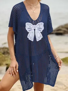 Γυναικείο πλεκτό φορεμα παραλίας σκούρο μπλε με δαντελωτό φιόγκο καλοκαιρινά ρούχα