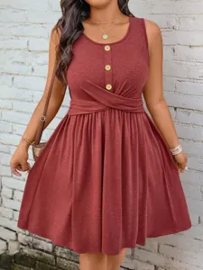 Große Größen einfarbig ärmellos Knopf vorne Freizeitkleid Damen Sommerkleidung chic.