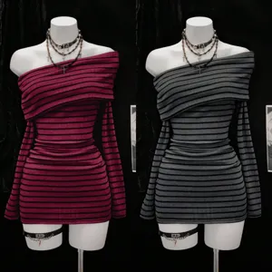 Off-shoulder striped knit mini dress Y2K long sleeve ribbed dress sexy clubwear