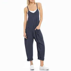 Damen Casual Lockerer Jumpsuit Einfarbig Ärmellos Tasche Verstellbarer Träger Gerades Bein Langer Romper