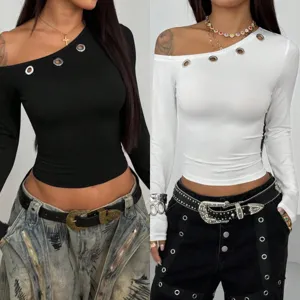 Sexy asymmetrical one shoulder long sleeve crop top with metal eyelet cutout details for women style.