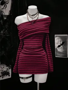 Off shoulder striped knit long sleeve mini dress dark gothic style sexy detail view