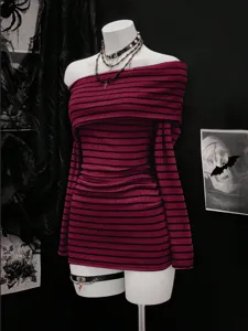 Sexy Y2K off-shoulder striped long sleeve mini dress, dark gothic knitted winter outfit.