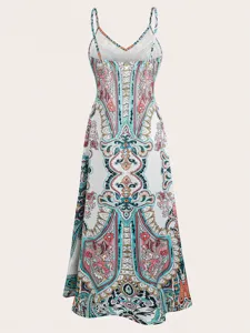 Women summer casual long dress retro paisley print camisole v-neck elegant maxi dress