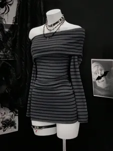 Detail view of gothic Y2K off-shoulder striped knitted mini dress, long sleeve chic aesthetic.