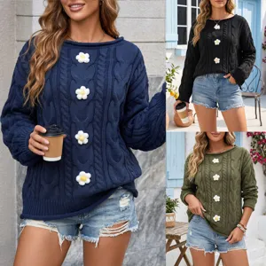 Mujer Jersey Hombro Descubierto Flor Ganchillo Tejido Trenza Suelto Top Otoño Invierno