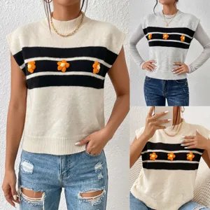 Femme gilet pull en tricot rayé col rond fleur au crochet fait main haut sans manches