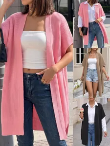 Mujer Casual Color Sólido Sin Mangas Tejido Cardigan Suéter Cuello en V Frente Abierto Holgado Otoño Invierno Chaleco Ropa Exterior