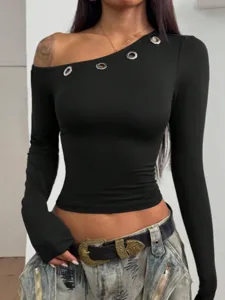 Women's Sexy Asymmetric Off Shoulder Long Sleeve Crop Top Slim Fit Basic Tee Shirt Streetwear Clubwear Party Fashion