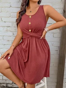 Einfarbig ärmelloses Damen Sommerkleid mit Knöpfen und Taillenfalte für lässigen Alltag