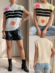 Women's Elegant Knitted Vest Striped Color Block Sleeveless Sweater Top With 3D Floral Decoration For Casual Layering Outfits