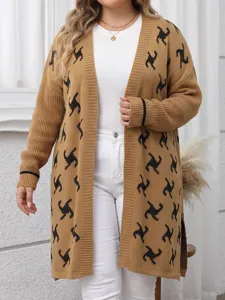 Plus size open front knit cardigan sweater with geometric pattern for women autumn wear