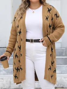 Plus size women open front long knit cardigan sweater with chic black jacquard pattern design.