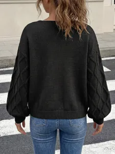 Schwarzer Damen Strickpullover mit Laternenärmeln, stylischer Herbst Winter Oberteil.