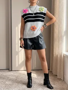 Women knit vest sleeveless striped pullover colorful flower crochet chic casual sweater top