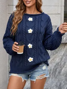Jersey de mujer cuello barco con trenzas y flores de ganchillo 3D top de otoño chic