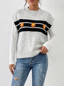 Gilet pull en tricot à rayures contrastées pour femme, fleurs 3D mignonnes, haut décontracté.