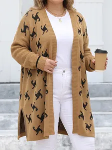 Women casual open front long knit cardigan sweater with geometric jacquard pattern for autumn.