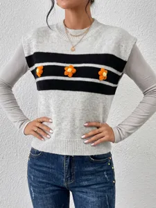 Gilet maille femme col rond rayé sans manches fleurs crochet mode haut tendance chic
