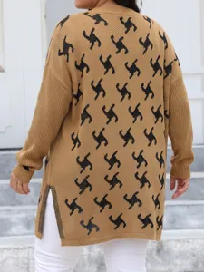 Women loose casual knit cardigan sweater with geometric jacquard pattern autumn winter