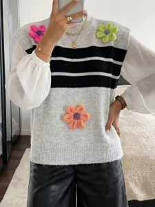 Women's striped knit vest with 3d floral applique casual layered pullover top