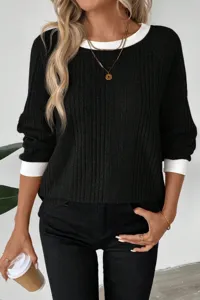 Damen lässiger langärmliger falscher zweiteiliger Rippstrick-Pullover, stylisches Oberteil.