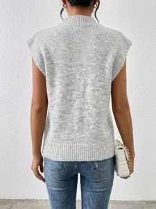 Femme gris sans manches pull en tricot gilet décontracté col montant haut mode automne
