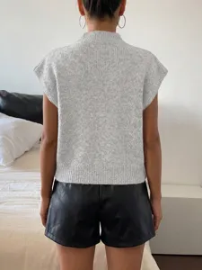 Detailed back view of a grey high-neck knitted vest sweater for casual styling