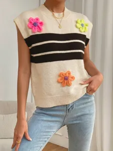 Women's chic knit sweater vest with contrast stripes and colorful 3D crochet flower details.