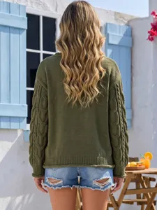 Mujer jersey verde de punto trenzado manga larga casual otono invierno moda ropa