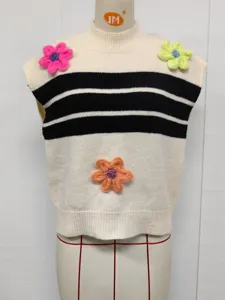 Women striped knit vest featuring 3D floral appliqués, crew neck sleeveless summer top.