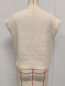 Chaleco de punto para mujer sin mangas casual cuello redondo color sólido beige