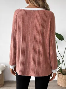 Damen Herbst Winter Freizeit Langarm Kontrastfarbe Rippstrick Pullover Strickpullover