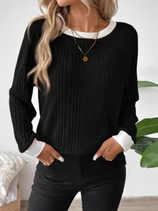 Herbst Winter falsche zweiteilige langarm gerippte Pullover Freizeit Damen schwarz