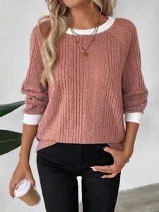 Damen Herbst Winter Falscher Zweiteiler Langarm Gerippter Strickpullover Pullover Neu
