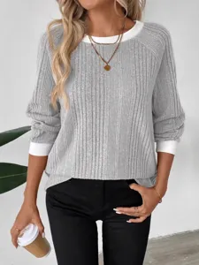 Herbst Winter gefälschte zweiteilige Rundhalsausschnitt Langarm Rippstrick Pullover Top