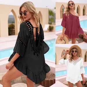 Copricostume da Mare Donna all'Uncinetto con Orlo a Volant Irregolare Maniche a Campana Scollo a V Boho Vacanza Top