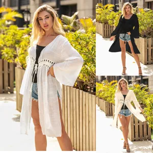 Bohemian crochet hollow cardigan with flare sleeves and drawstring waist in three colors