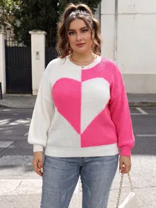 Plus size colorblock heart sweater for women, casual long sleeve knit pullover top.